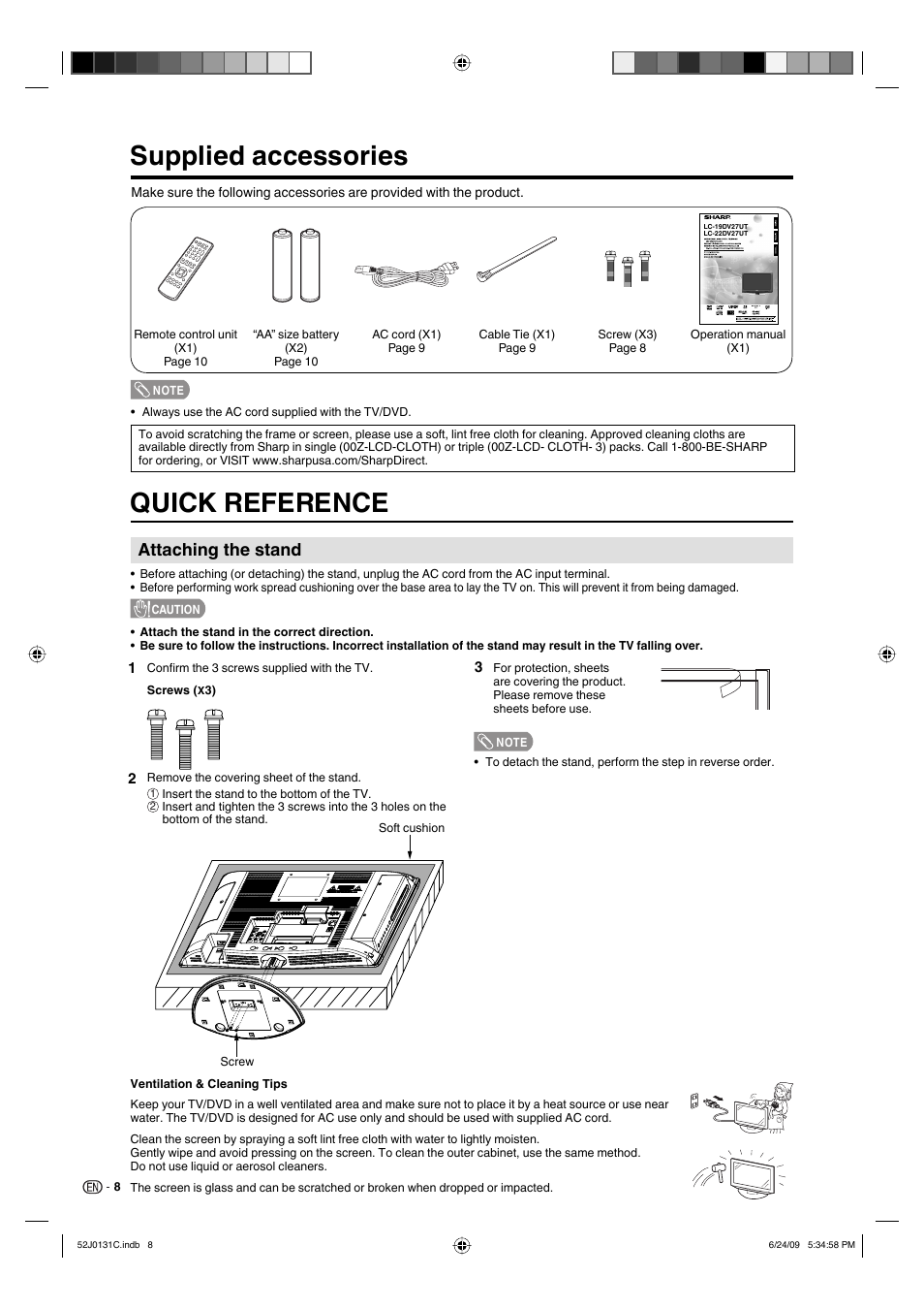 Supplied accessories, Quick reference, Attaching the stand | Sharp LC-22DV27UT User Manual | Page 10 / 40