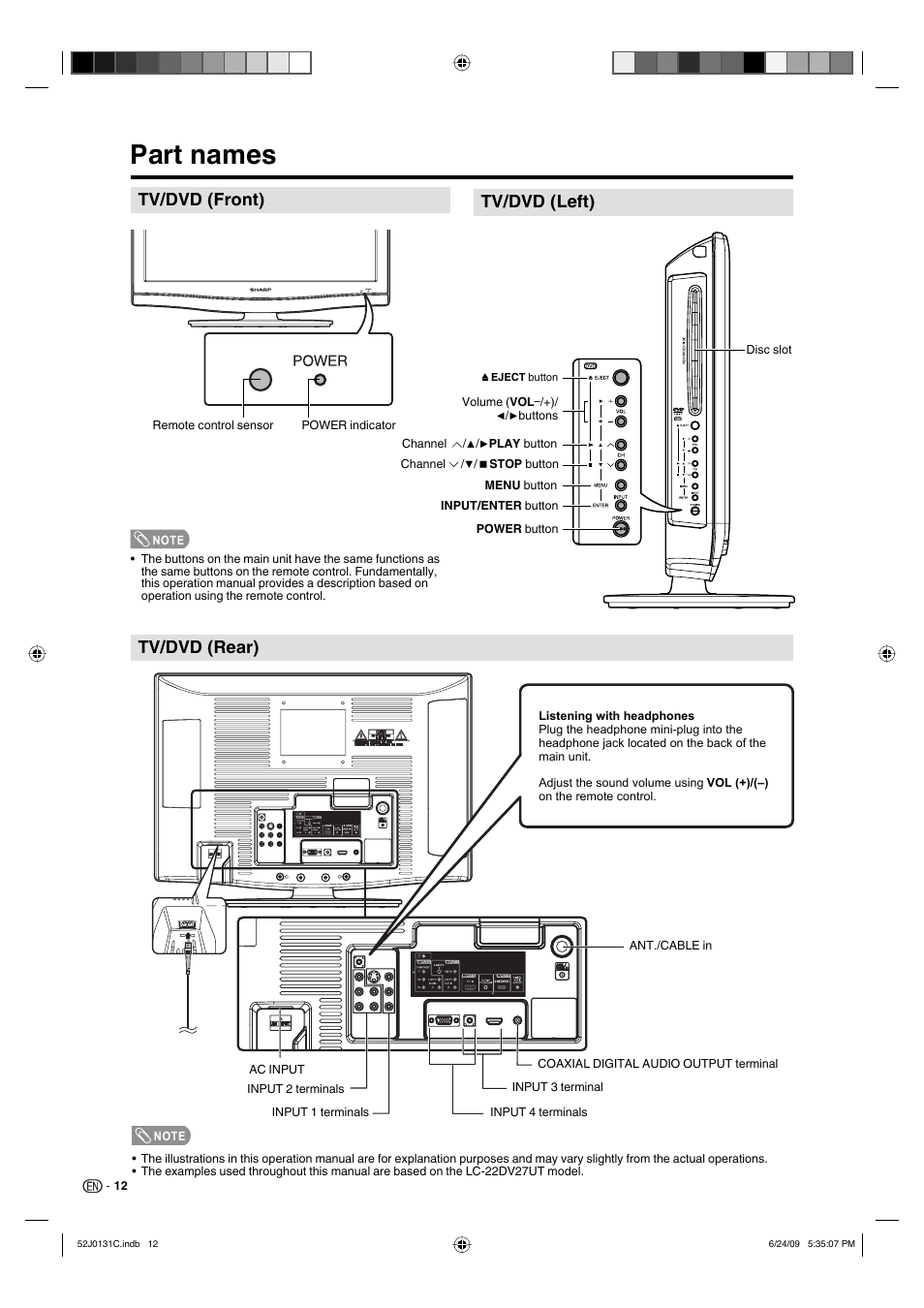 Part names, Tv/dvd (front), Tv/dvd (rear) tv/dvd (left) | Sharp LC-22DV27UT User Manual | Page 14 / 40