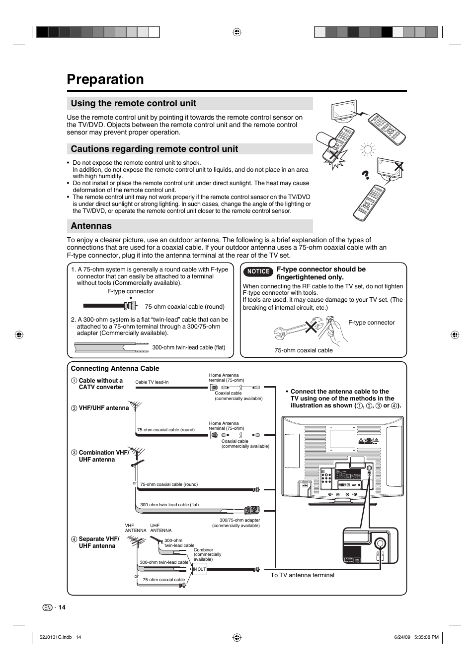 Preparation, Using the remote control unit, Cautions regarding remote control unit | Antennas | Sharp LC-22DV27UT User Manual | Page 16 / 40