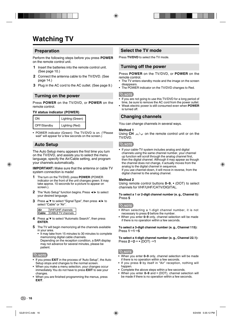 Watching tv, Changing channels, Turning on the power | Auto setup, Preparation, Select the tv mode, Turning off the power | Sharp LC-22DV27UT User Manual | Page 18 / 40