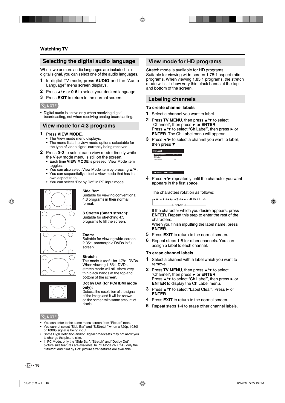 View mode for 4:3 programs, View mode for hd programs, Labeling channels | Selecting the digital audio language | Sharp LC-22DV27UT User Manual | Page 20 / 40