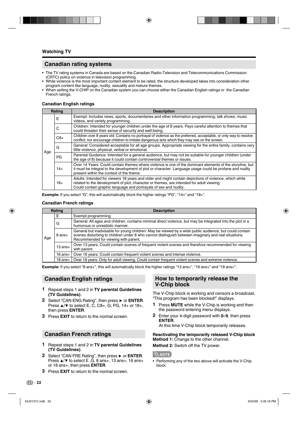 Canadian rating systems, Canadian english ratings, Canadian french ratings | How to temporarily release the v-chip block | Sharp LC-22DV27UT User Manual | Page 24 / 40