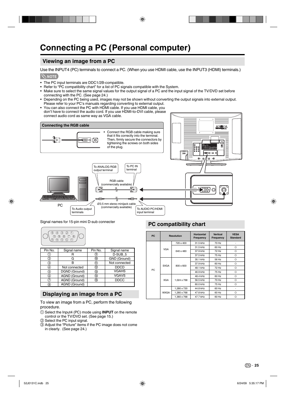 Connecting a pc (personal computer), Viewing an image from a pc, Displaying an image from a pc | Pc compatibility chart | Sharp LC-22DV27UT User Manual | Page 27 / 40