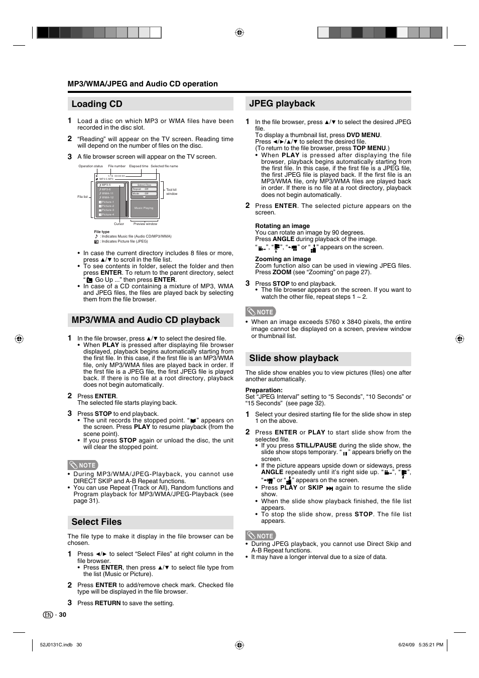 Loading cd, Mp3/wma and audio cd playback, Select files | Jpeg playback, Slide show playback, Mp3/wma/jpeg and audio cd operation | Sharp LC-22DV27UT User Manual | Page 32 / 40