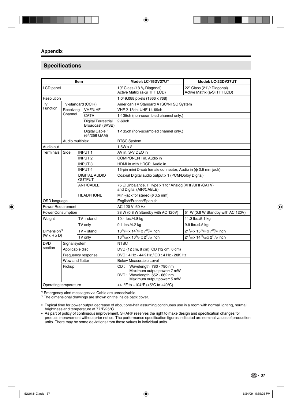 Specifications, Appendix | Sharp LC-22DV27UT User Manual | Page 39 / 40