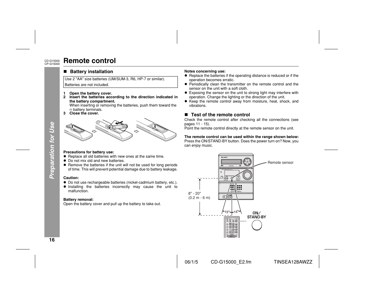 Remote control, Preparation for use | Sharp CP-G15000 User Manual | Page 16 / 48