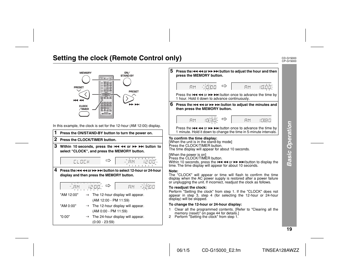 Setting the clock (remote control only), Basic operation | Sharp CP-G15000 User Manual | Page 19 / 48