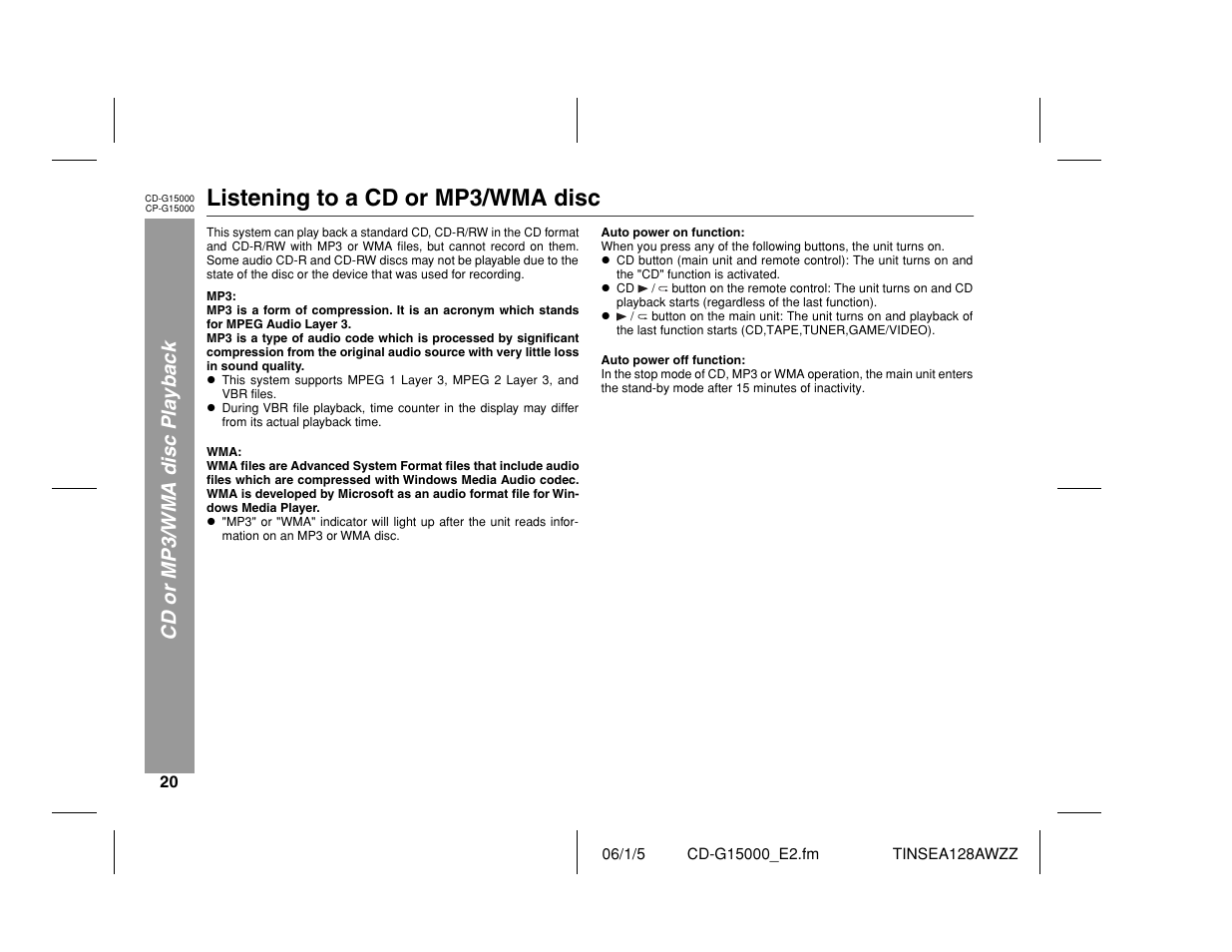 Listening to a cd or mp3/wma disc, Cd or mp3/wma disc playback | Sharp CP-G15000 User Manual | Page 20 / 48