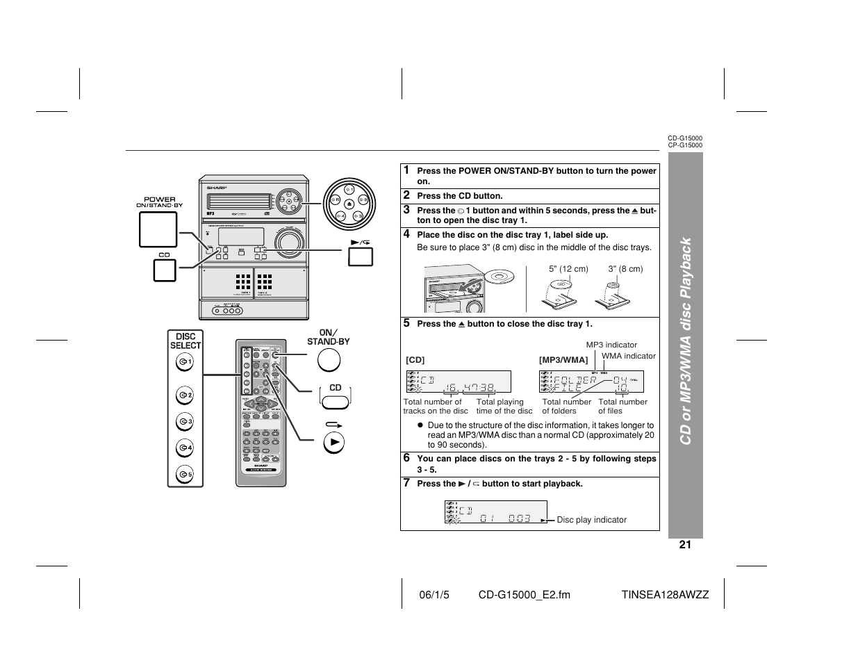 Cd or mp3/wma disc playback | Sharp CP-G15000 User Manual | Page 21 / 48