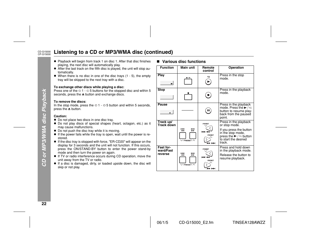 Cd or mp3/wma disc playback, Listening to a cd or mp3/wma disc (continued) | Sharp CP-G15000 User Manual | Page 22 / 48
