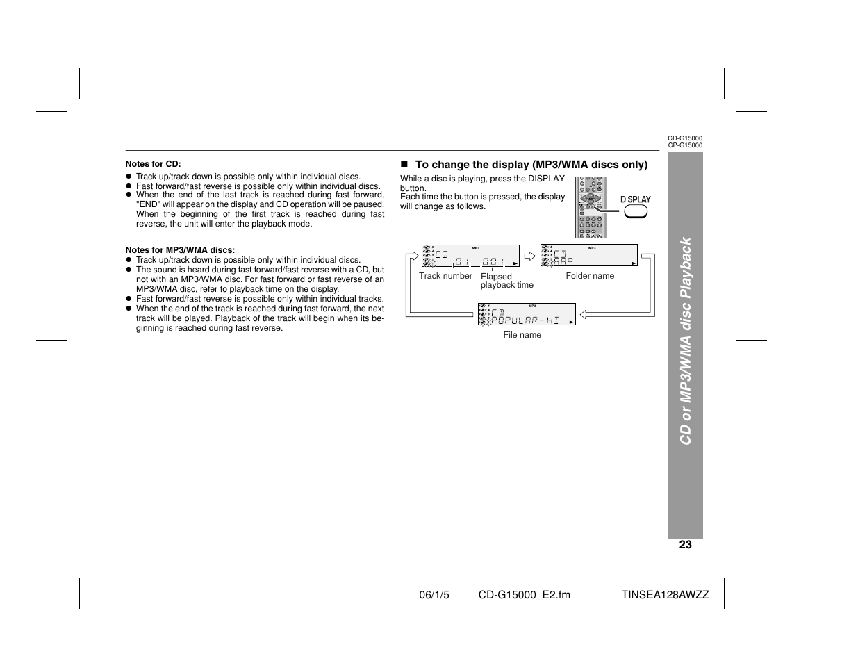 Cd or mp3/wma disc playback | Sharp CP-G15000 User Manual | Page 23 / 48