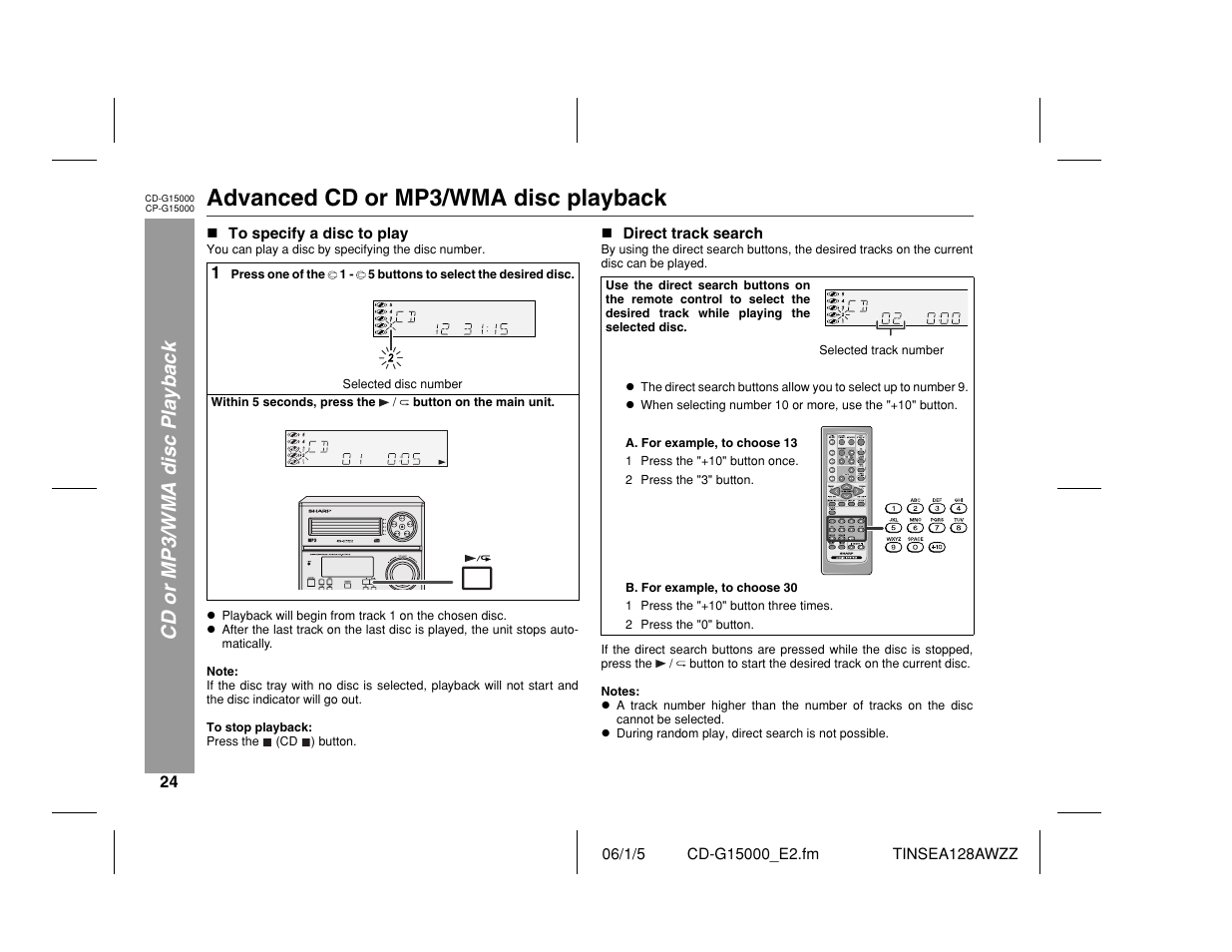 Advanced cd or mp3/wma disc playback, Cd or mp3/wma disc playback | Sharp CP-G15000 User Manual | Page 24 / 48