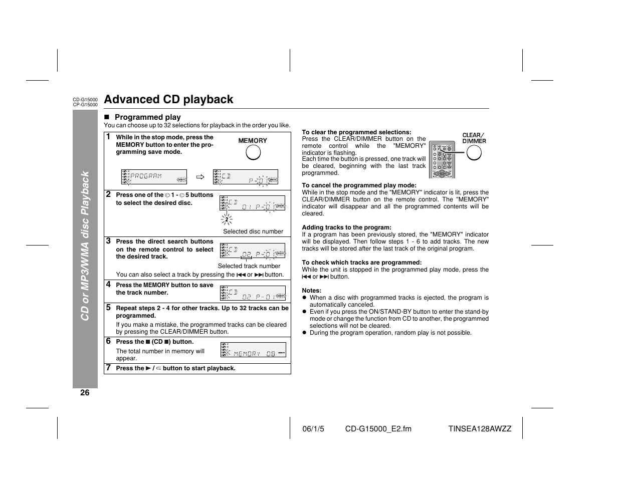 Advanced cd playback, Cd or mp3/wma disc playback | Sharp CP-G15000 User Manual | Page 26 / 48