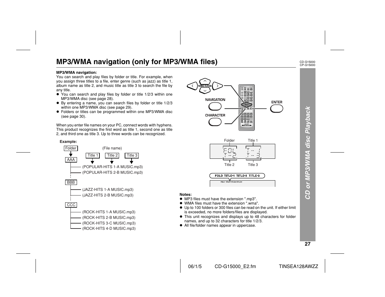 Mp3/wma navigation (only for mp3/wma files), Cd or mp3/wma disc playback | Sharp CP-G15000 User Manual | Page 27 / 48