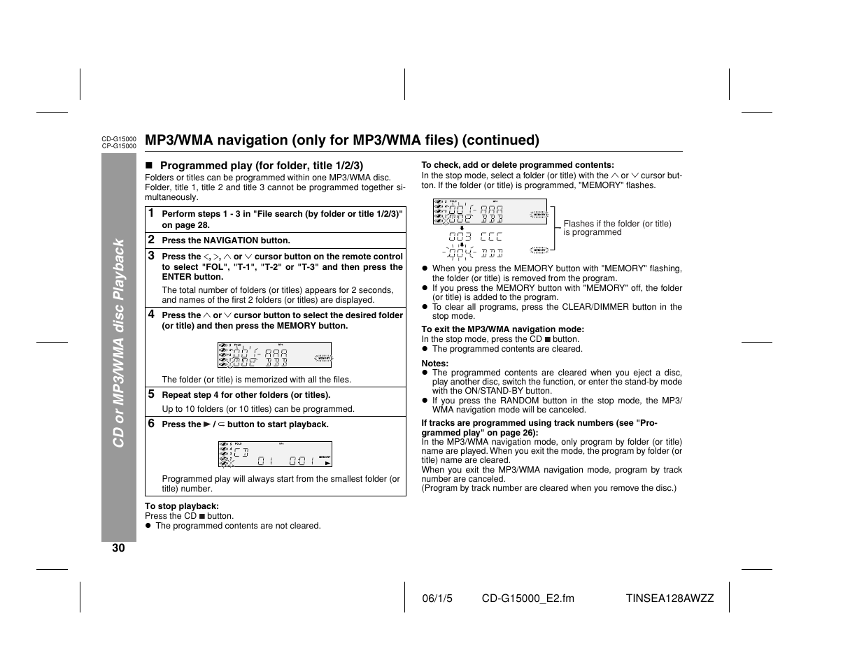 Cd or mp3/wma disc playback | Sharp CP-G15000 User Manual | Page 30 / 48