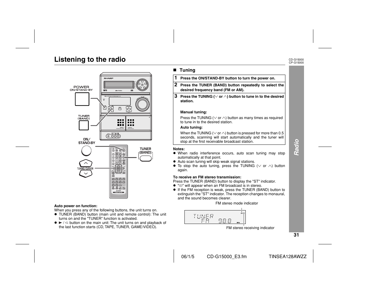 Listening to the radio, Radio | Sharp CP-G15000 User Manual | Page 31 / 48