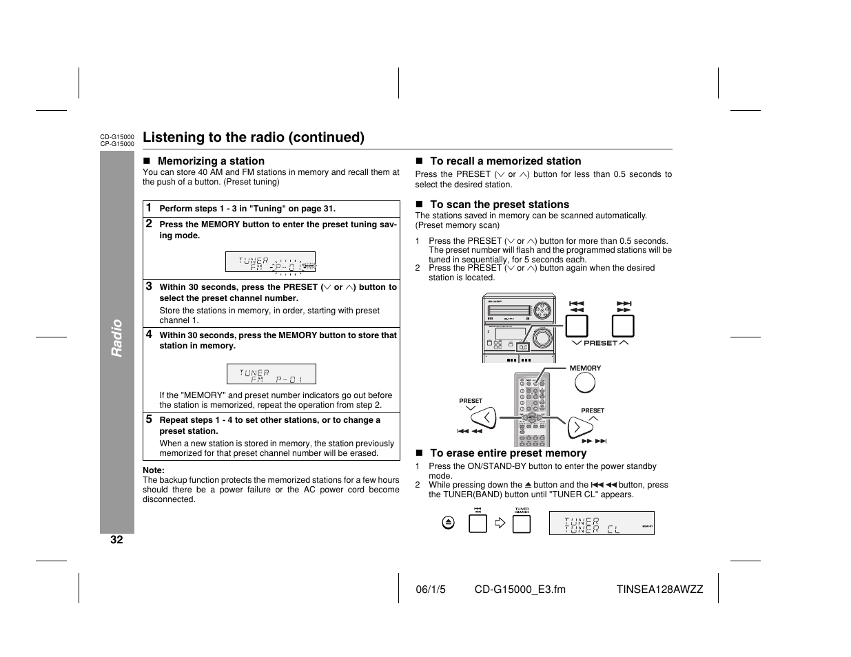 Radio, Listening to the radio (continued) | Sharp CP-G15000 User Manual | Page 32 / 48