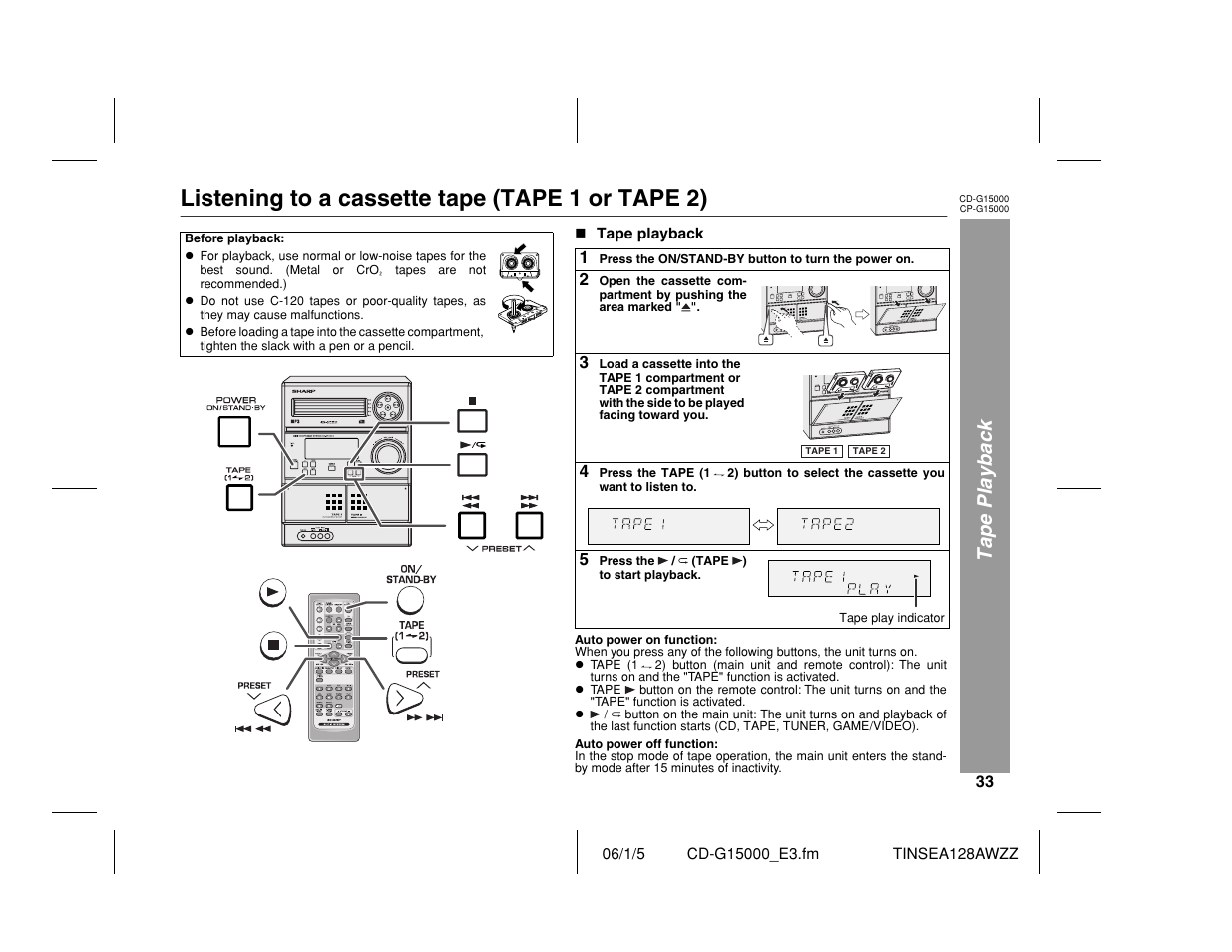 Listening to a cassette tape (tape 1 or tape 2), Tape playback | Sharp CP-G15000 User Manual | Page 33 / 48
