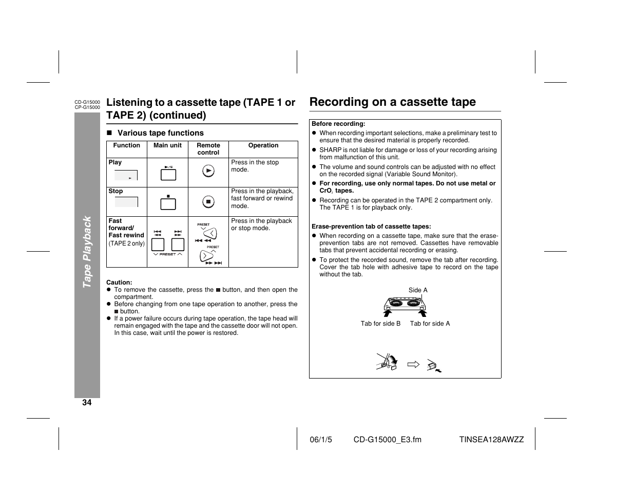 Recording on a cassette tape, Tape playback, Listening to a cassette tape (tape 1 or tape 2) | Continued) | Sharp CP-G15000 User Manual | Page 34 / 48