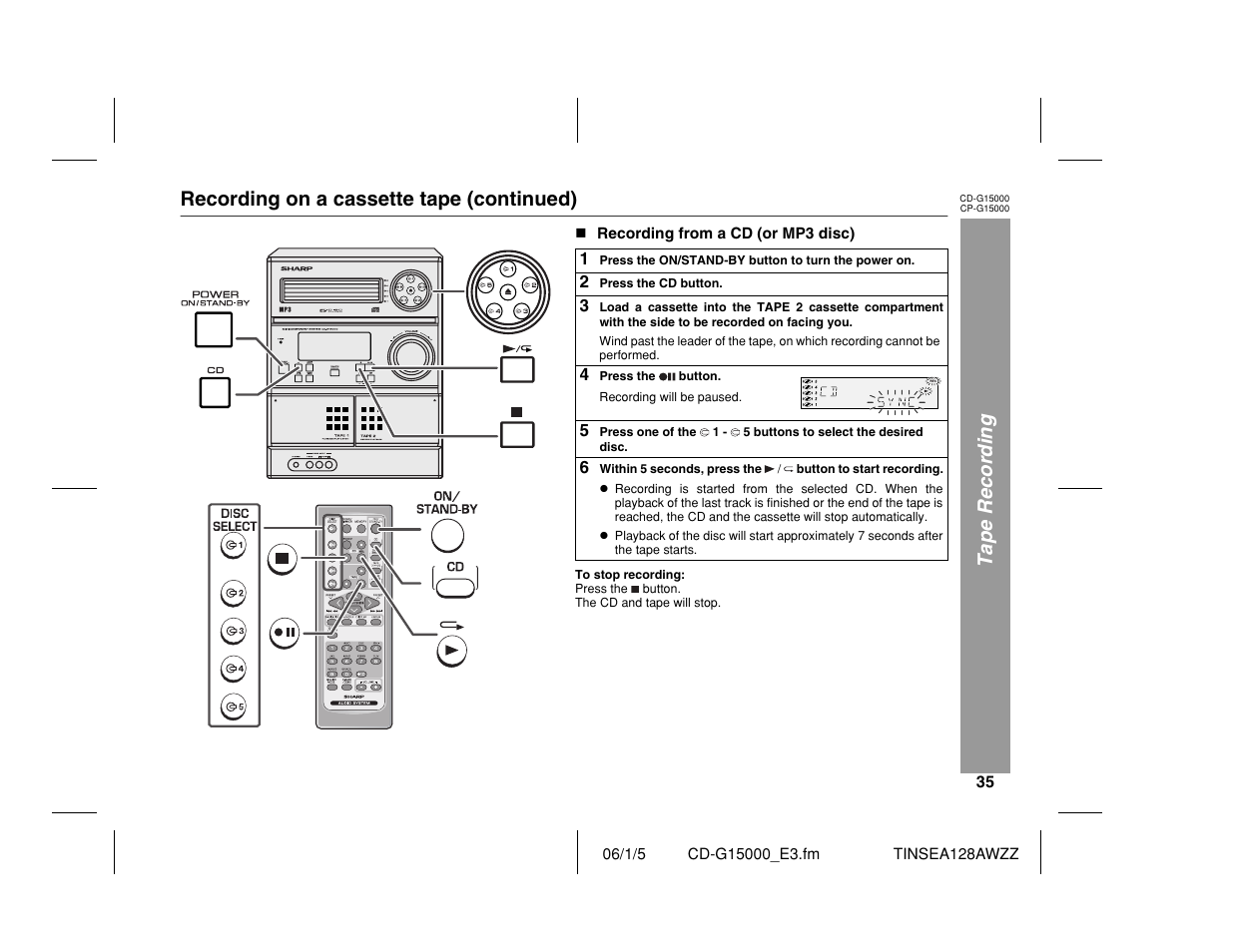 Tape recording, Recording on a cassette tape (continued) | Sharp CP-G15000 User Manual | Page 35 / 48