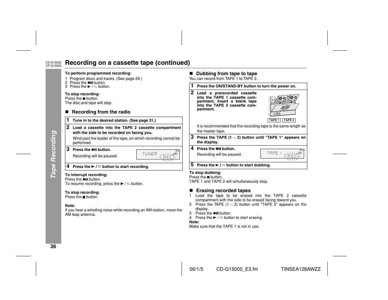 Tape recording, Recording on a cassette tape (continued) | Sharp CP-G15000 User Manual | Page 36 / 48