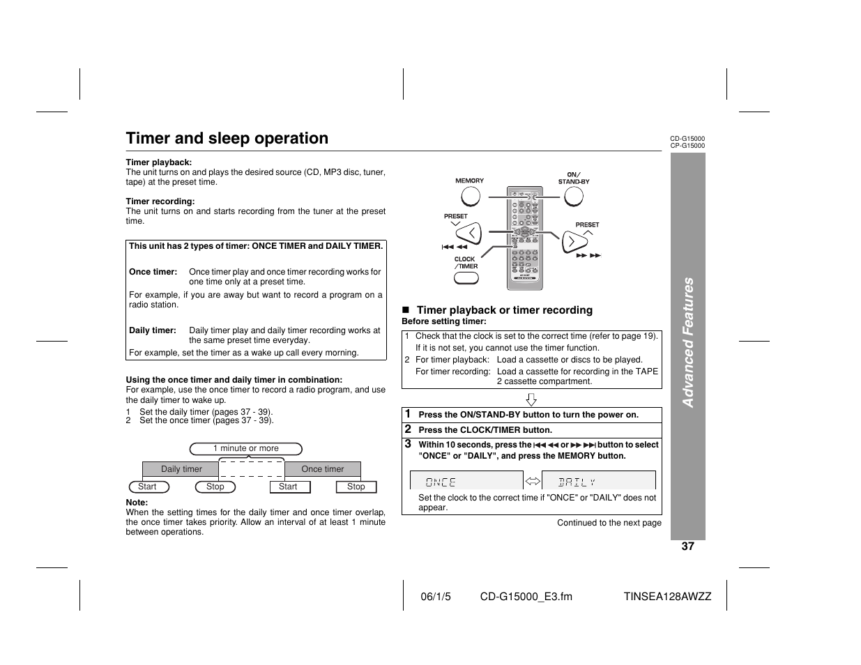 Timer and sleep operation, Advanced features | Sharp CP-G15000 User Manual | Page 37 / 48