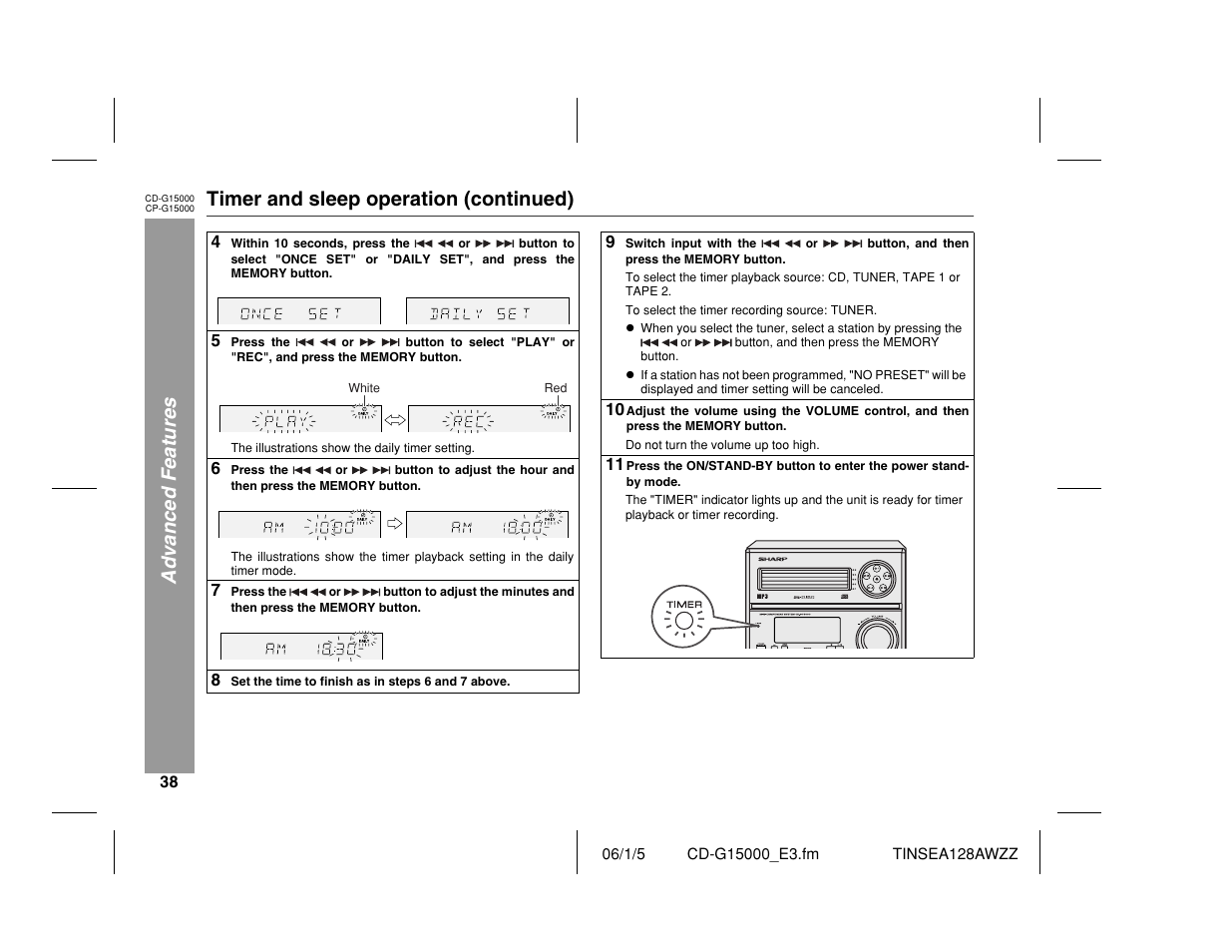 Advanced features, Timer and sleep operation (continued) | Sharp CP-G15000 User Manual | Page 38 / 48