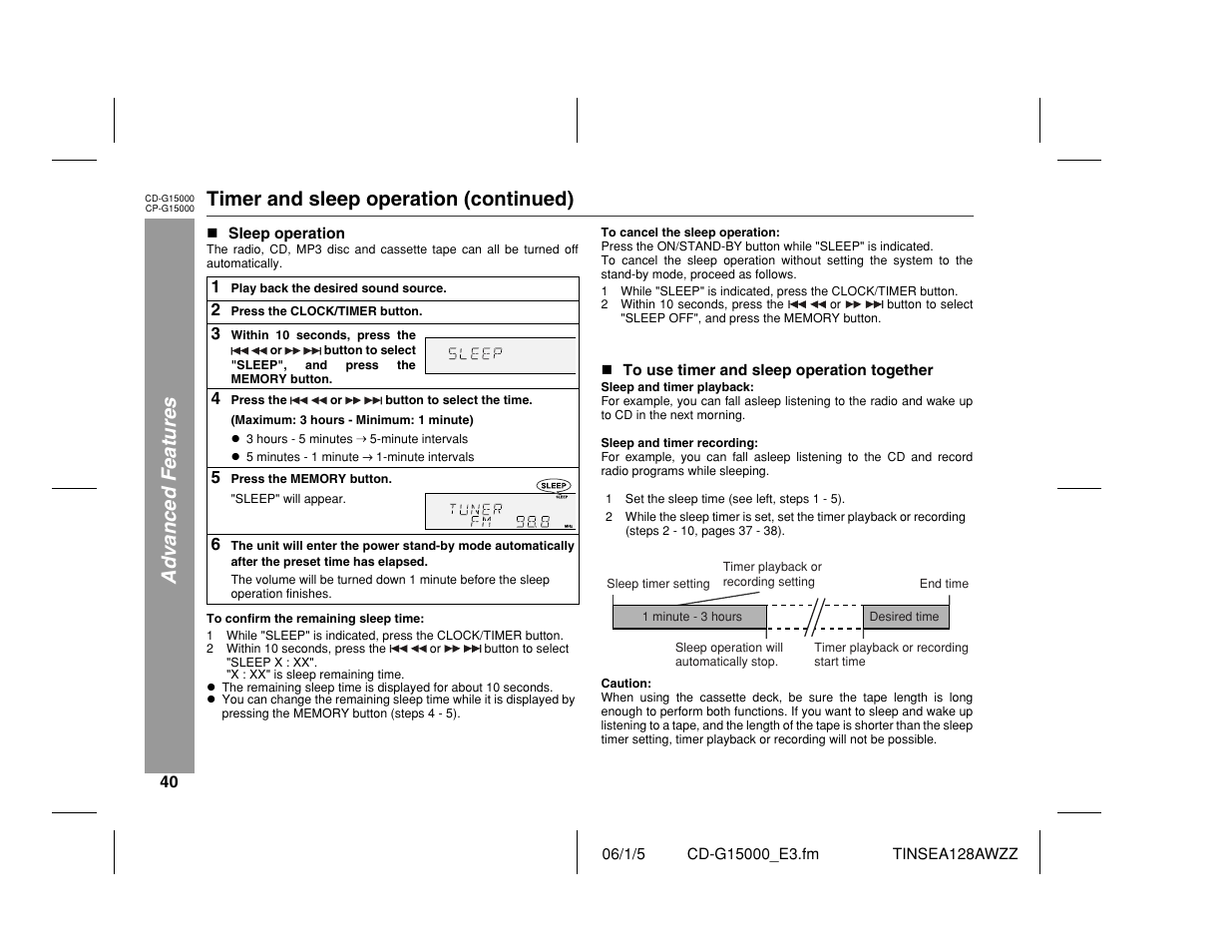 Advanced features, Timer and sleep operation (continued) | Sharp CP-G15000 User Manual | Page 40 / 48