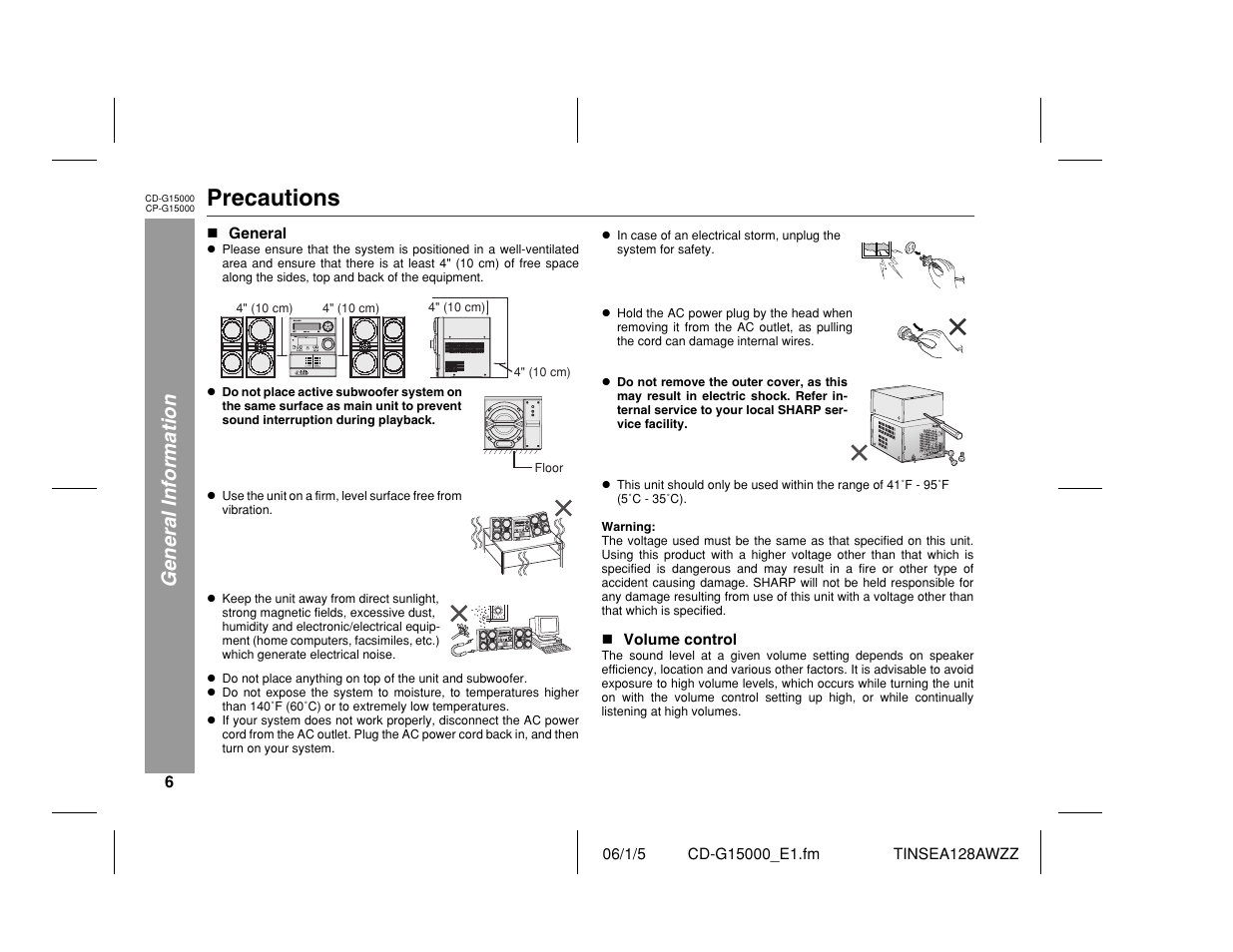 Precautions, General information | Sharp CP-G15000 User Manual | Page 6 / 48