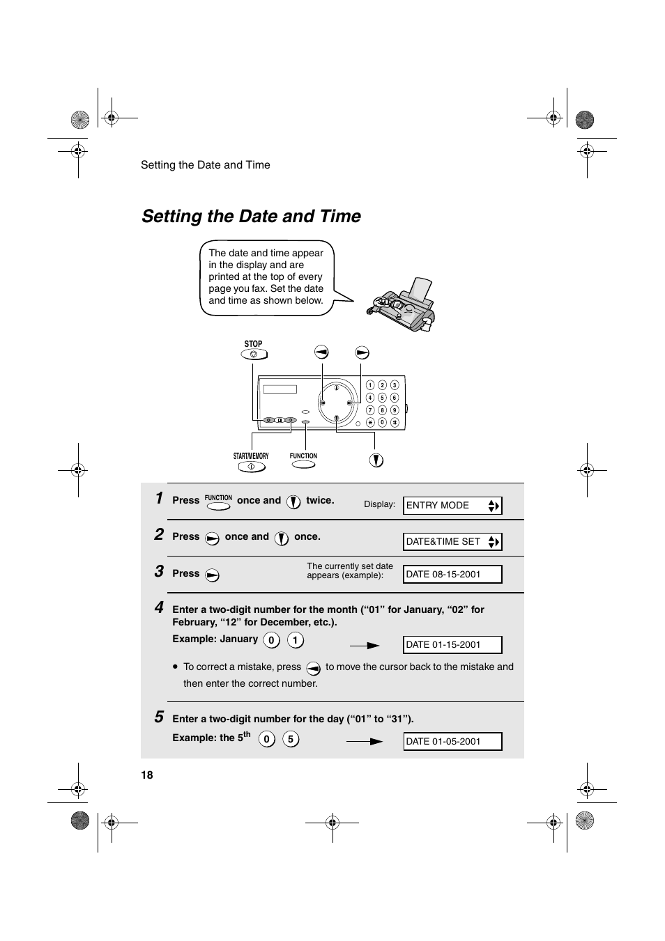 Setting the date and time | Sharp UX-P200 User Manual | Page 20 / 80