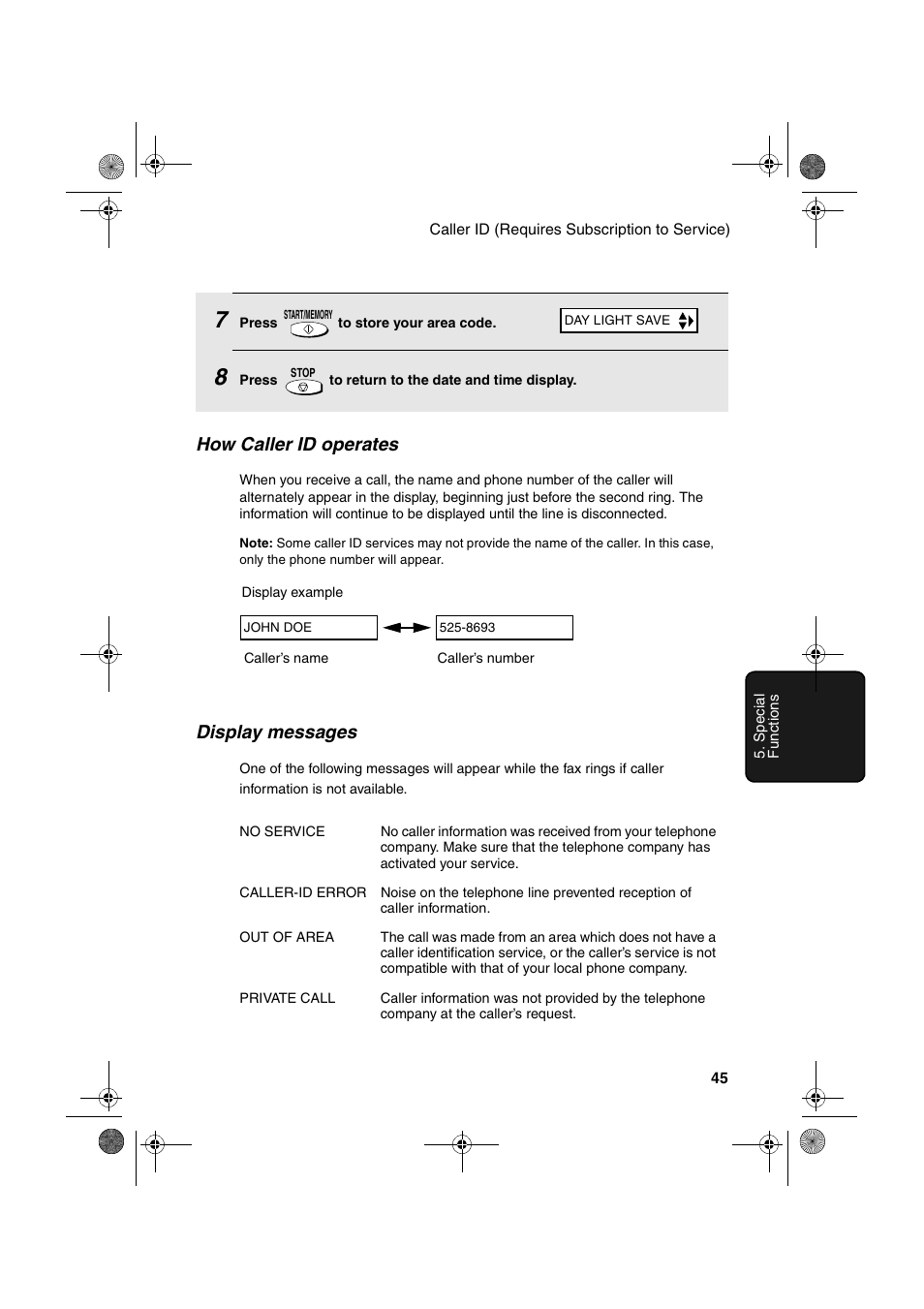 How caller id operates, Display messages | Sharp UX-P200 User Manual | Page 47 / 80