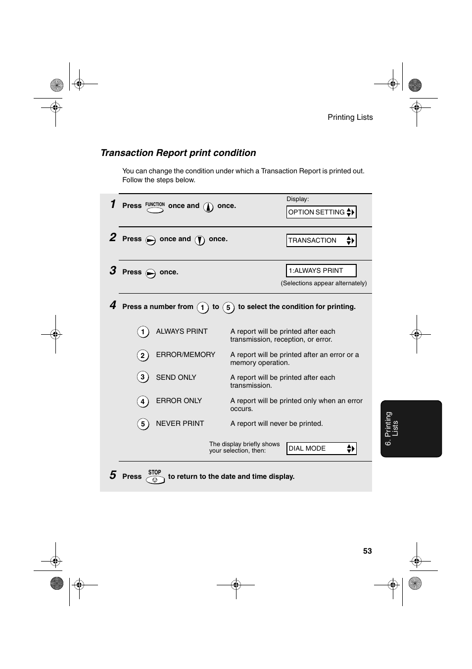 Transaction report print condition | Sharp UX-P200 User Manual | Page 55 / 80