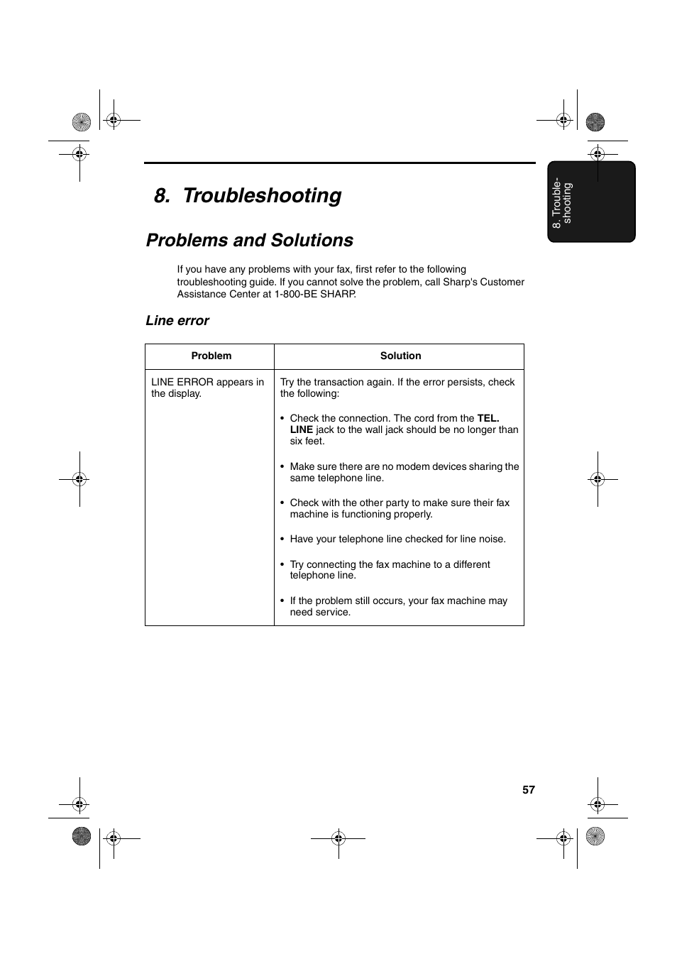 Troubleshooting, Problems and solutions, Line error | Sharp UX-P200 User Manual | Page 59 / 80