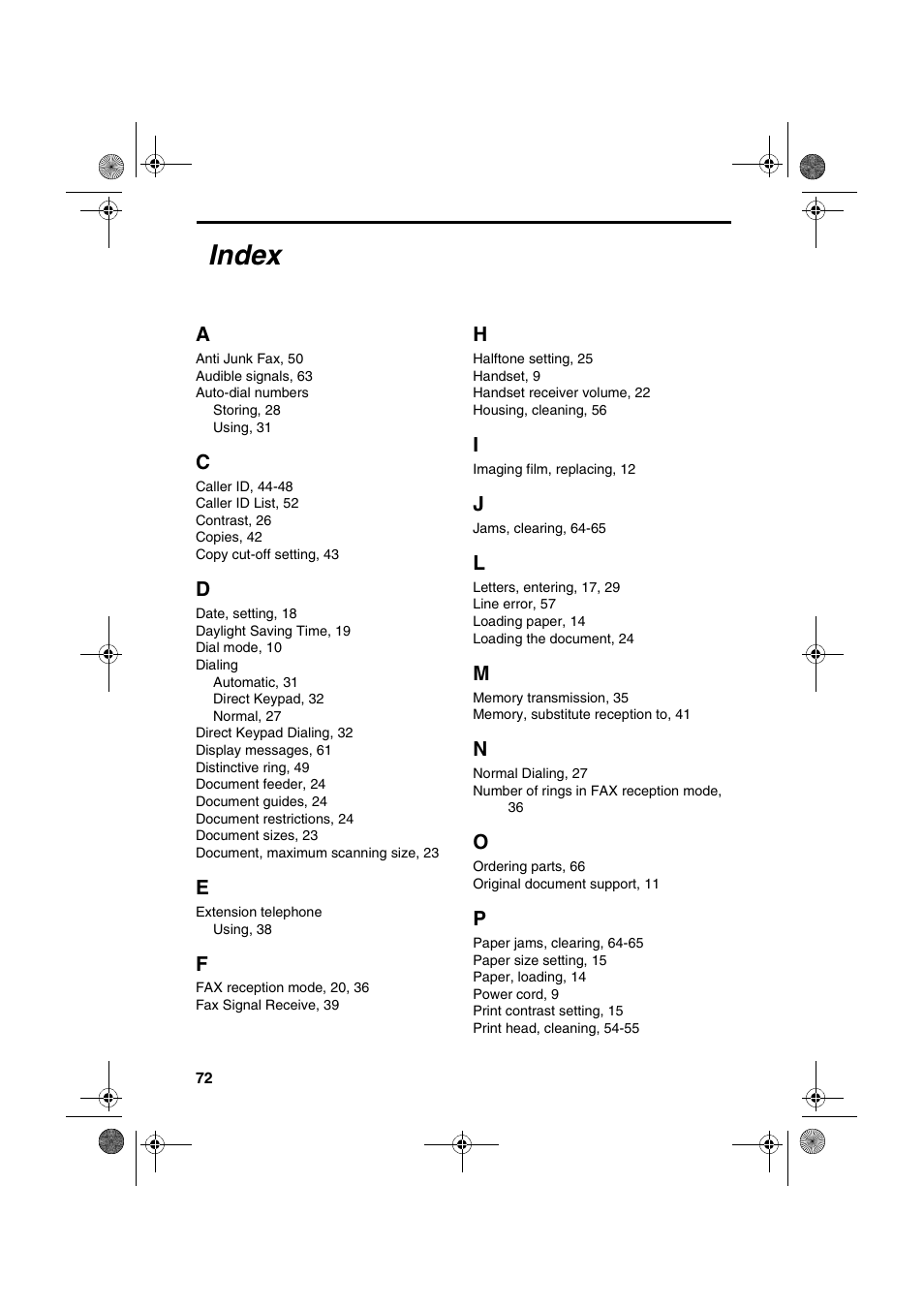 Index | Sharp UX-P200 User Manual | Page 74 / 80