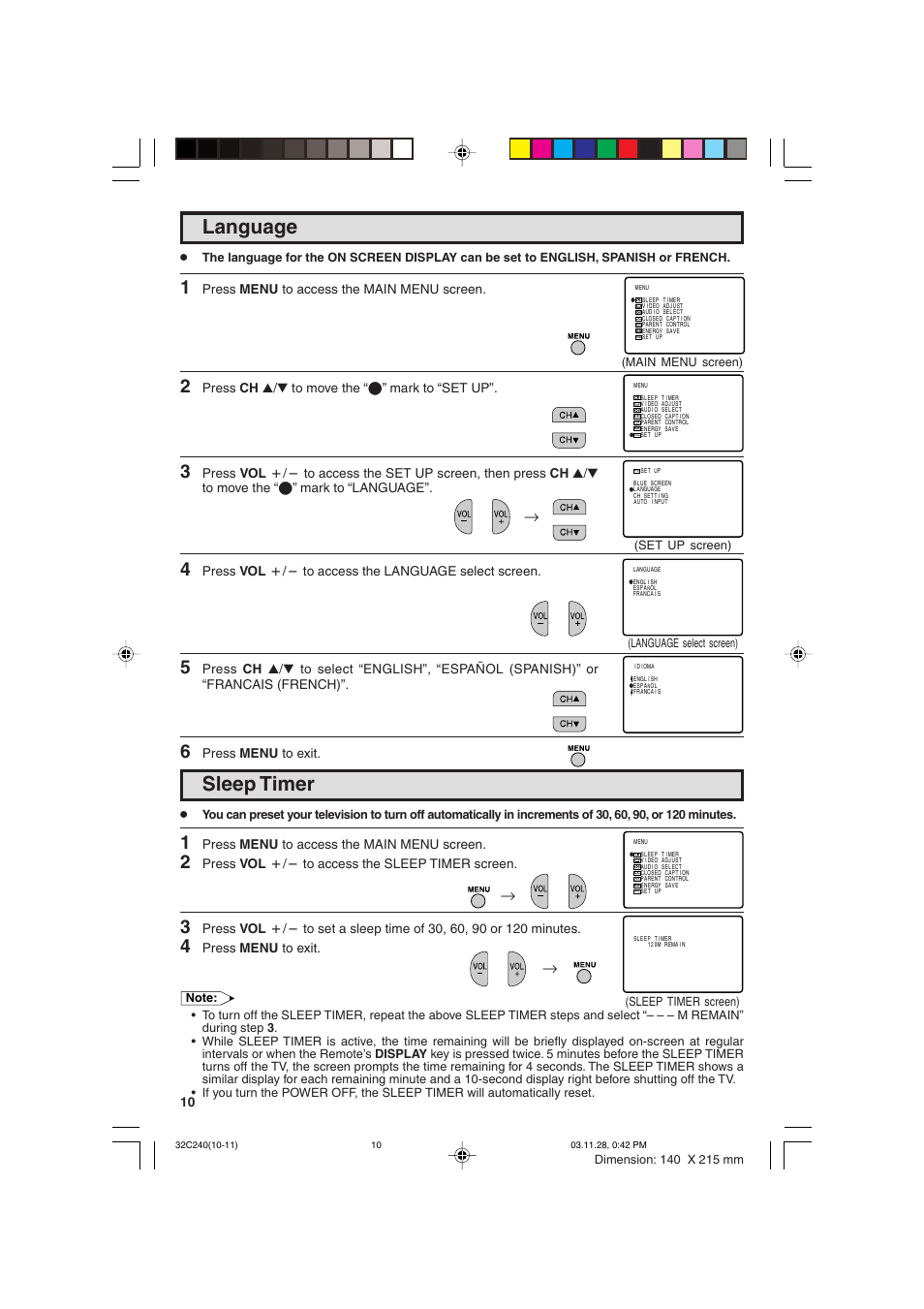 Sleep timer, Language | Sharp 32C240 User Manual | Page 10 / 48