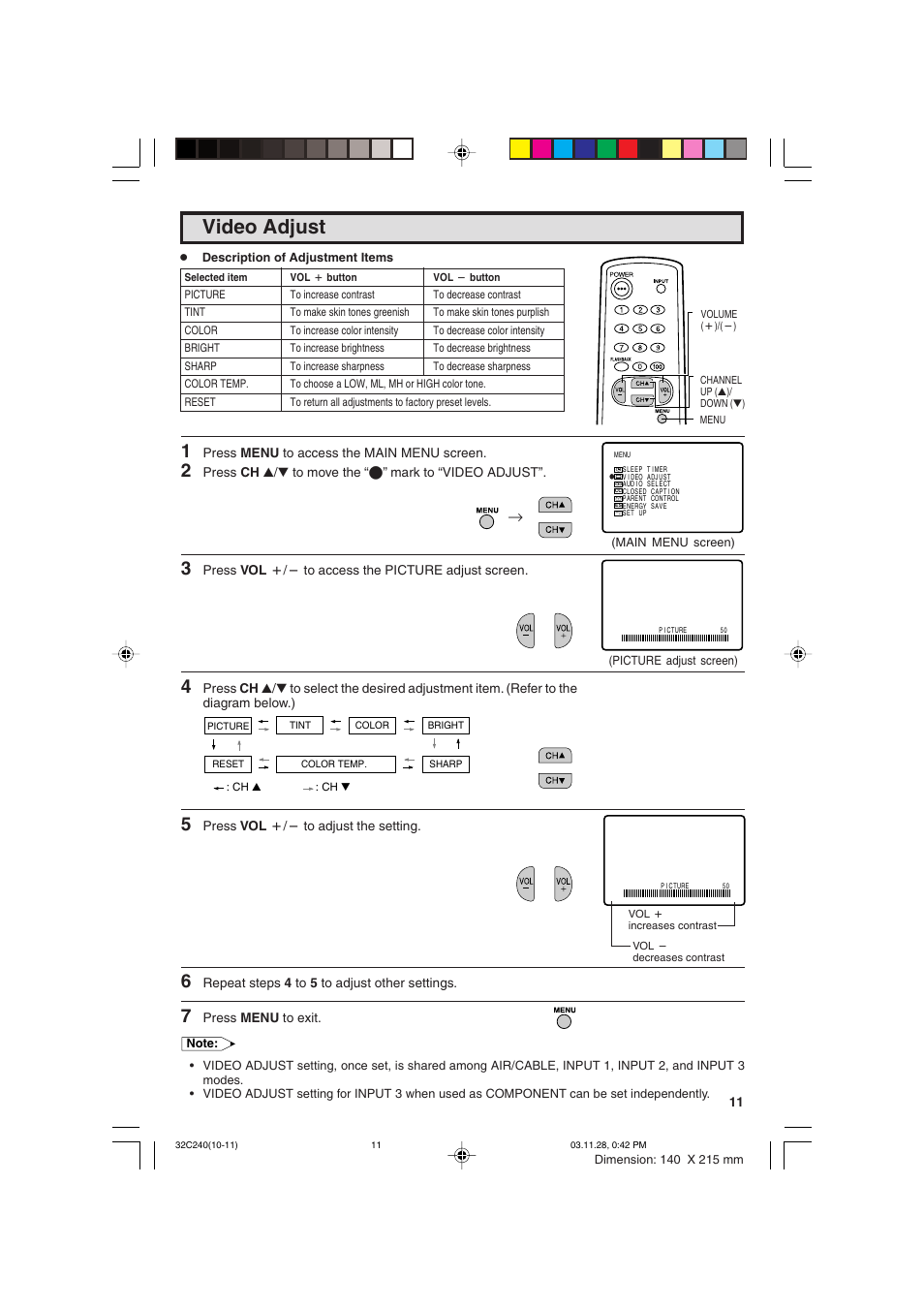 Video adjust | Sharp 32C240 User Manual | Page 11 / 48