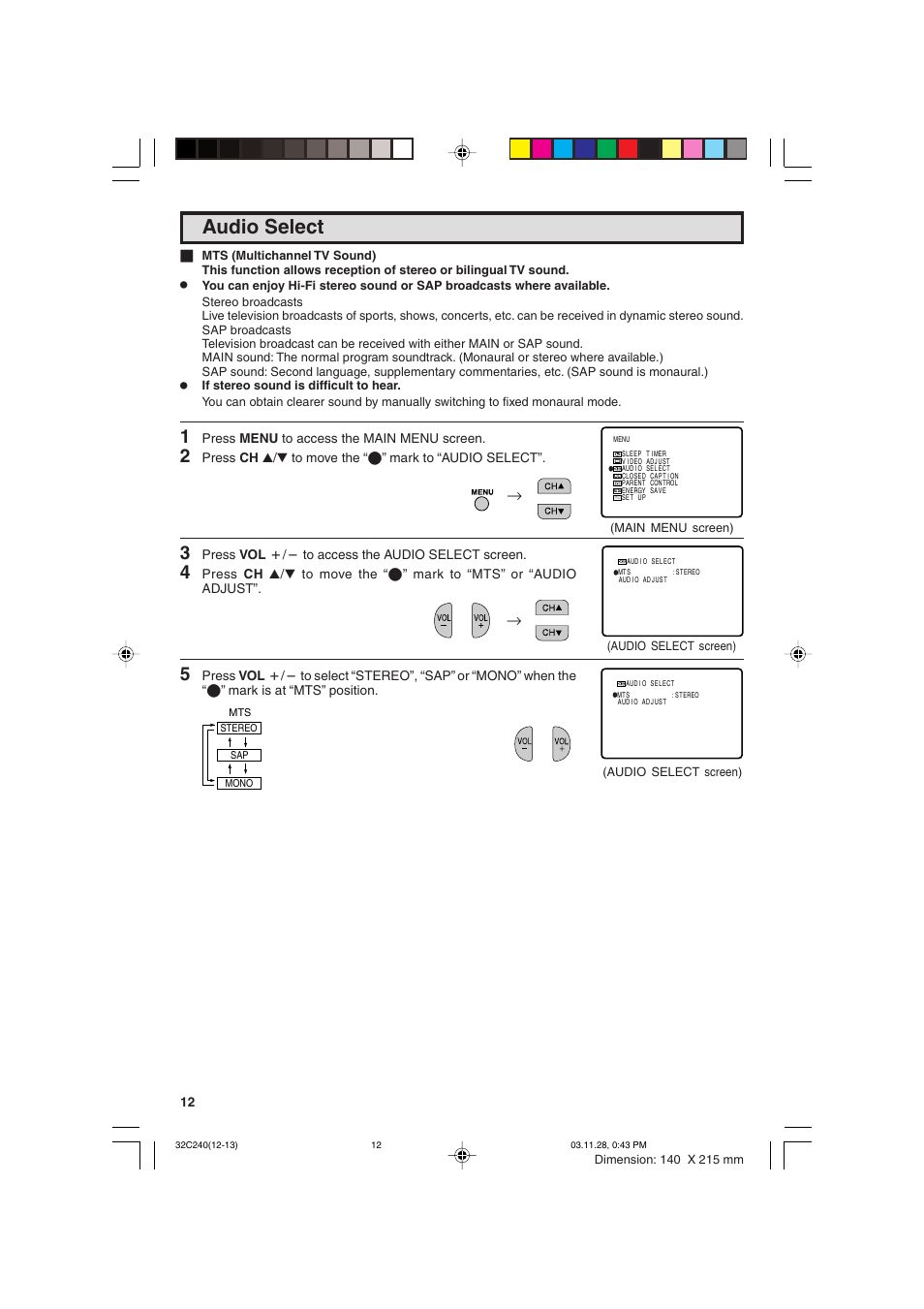 Audio select | Sharp 32C240 User Manual | Page 12 / 48