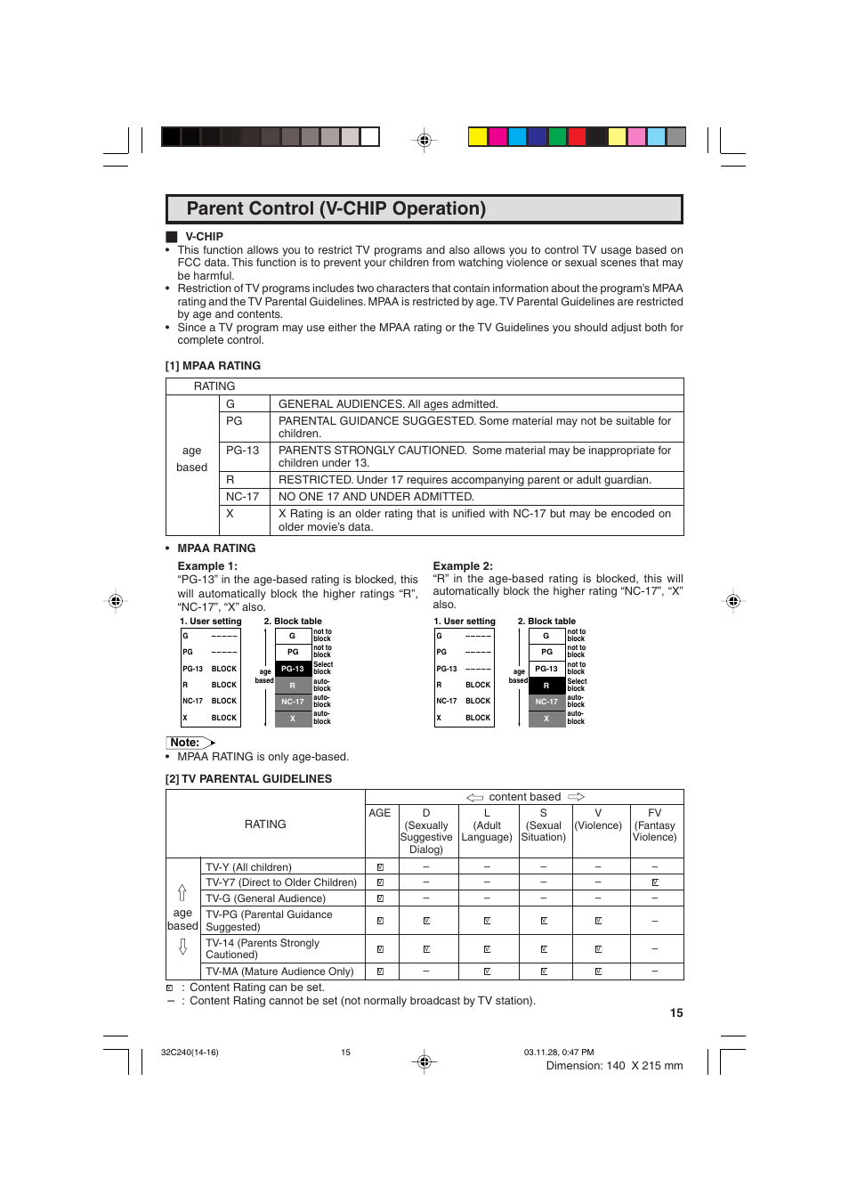 Parent control (v-chip operation) | Sharp 32C240 User Manual | Page 15 / 48