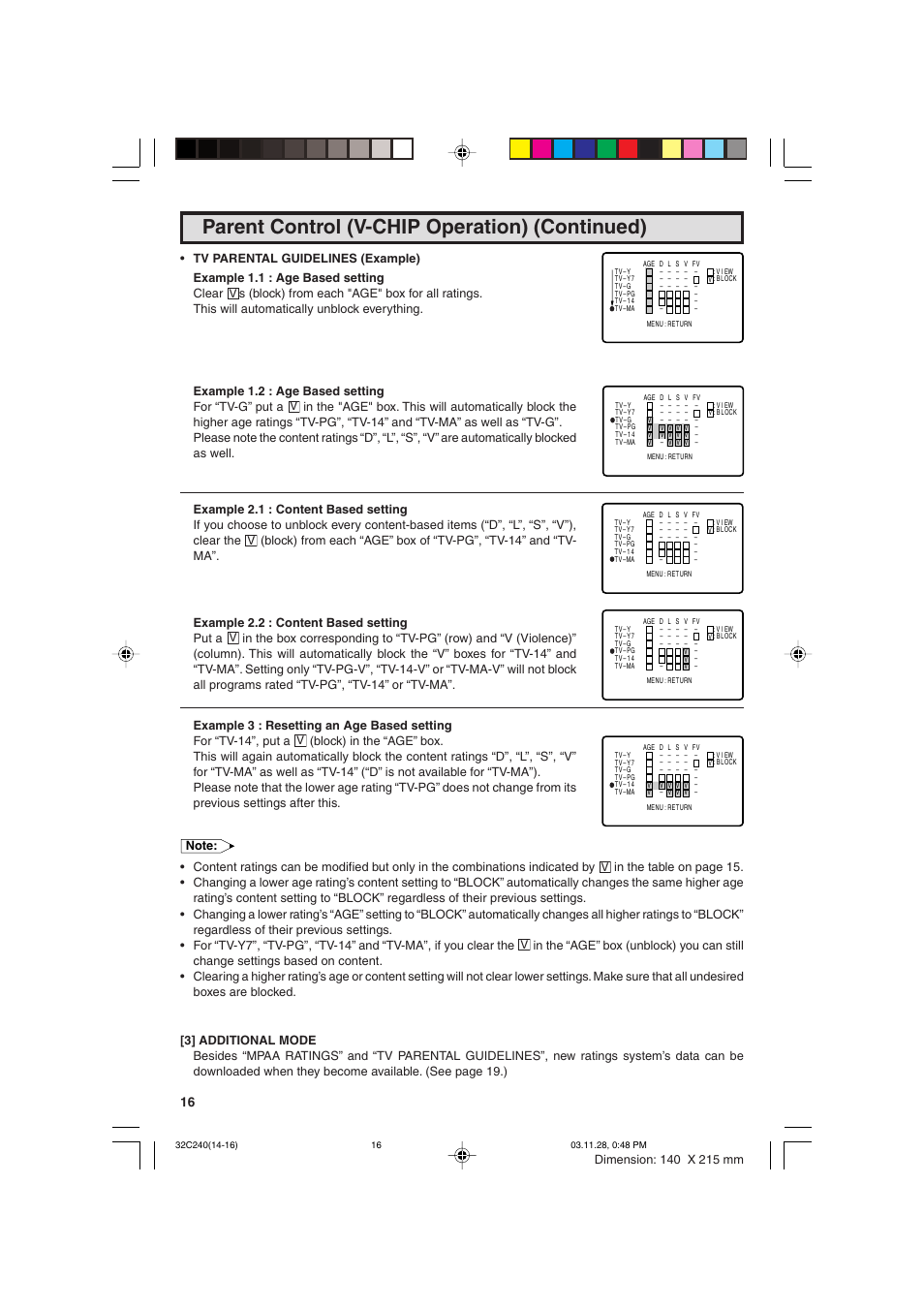 Parent control (v-chip operation) (continued) | Sharp 32C240 User Manual | Page 16 / 48