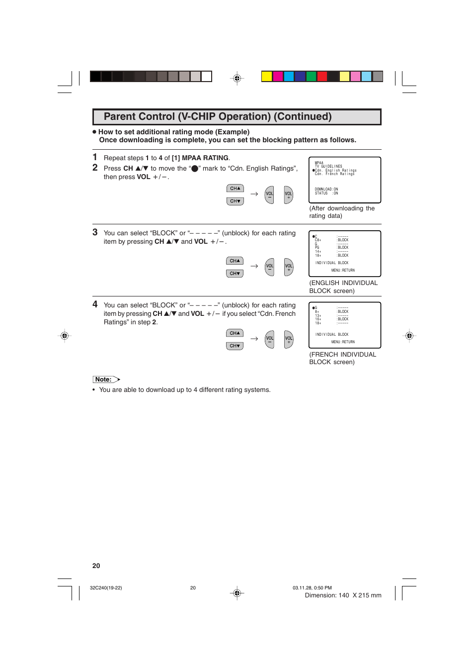 Parent control (v-chip operation) (continued) | Sharp 32C240 User Manual | Page 20 / 48