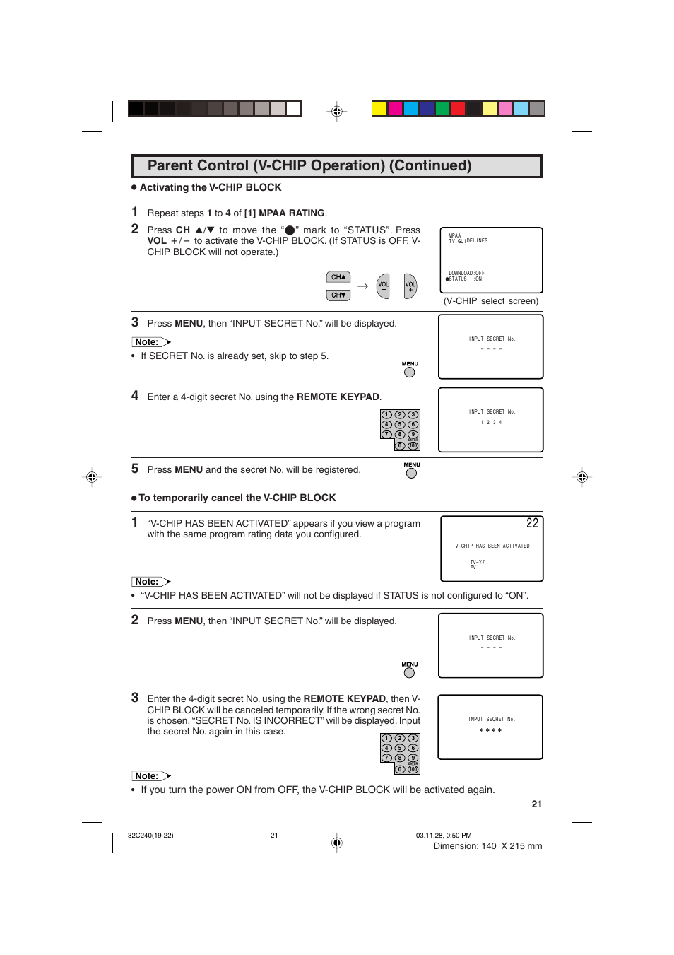 Parent control (v-chip operation) (continued) | Sharp 32C240 User Manual | Page 21 / 48