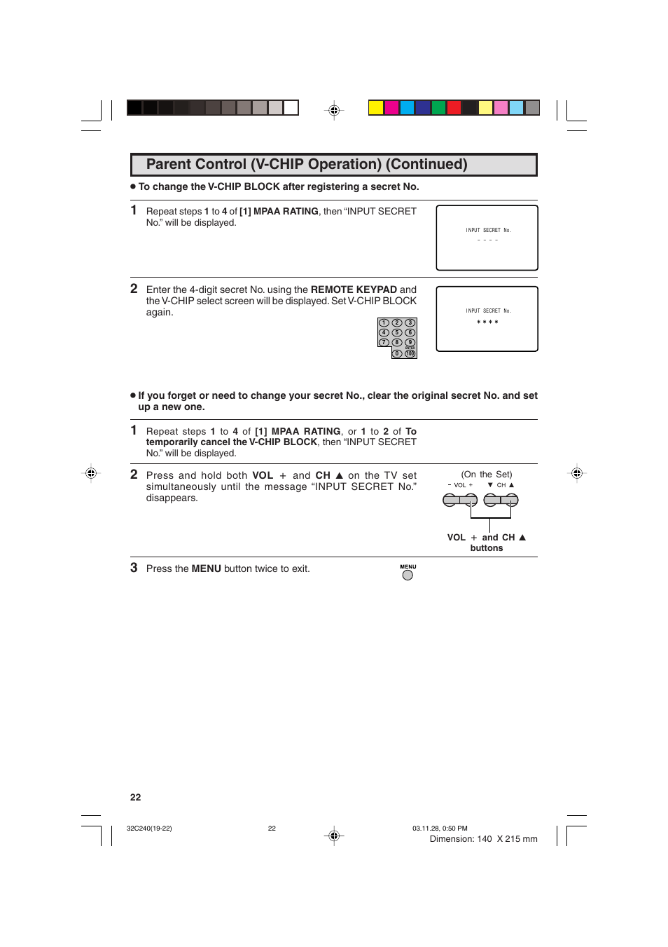 Parent control (v-chip operation) (continued) | Sharp 32C240 User Manual | Page 22 / 48