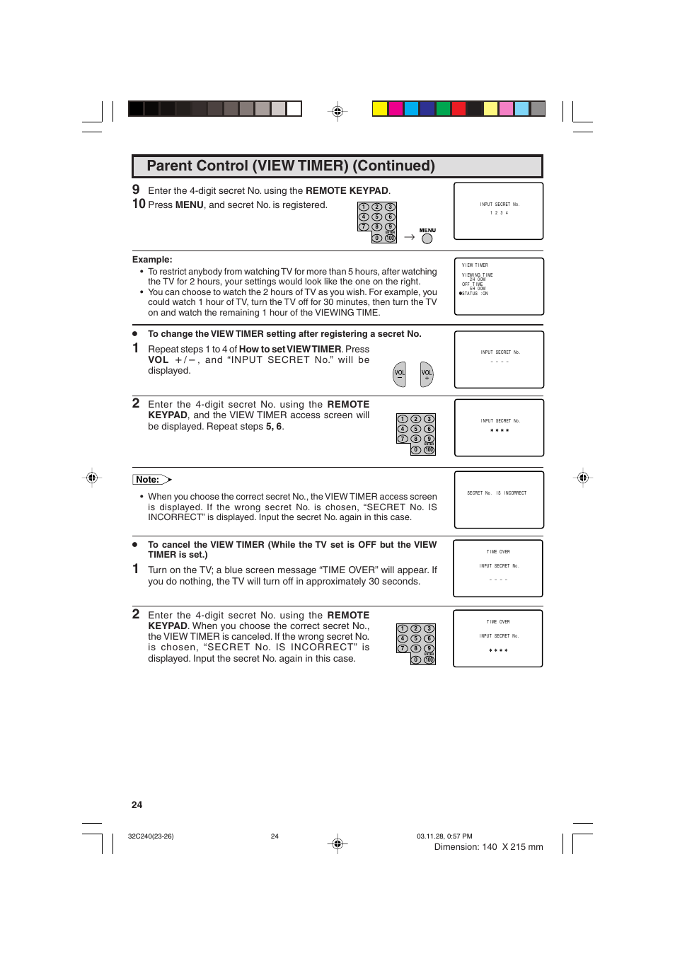 Parent control (view timer) (continued), Press menu , and secret no. is registered | Sharp 32C240 User Manual | Page 24 / 48