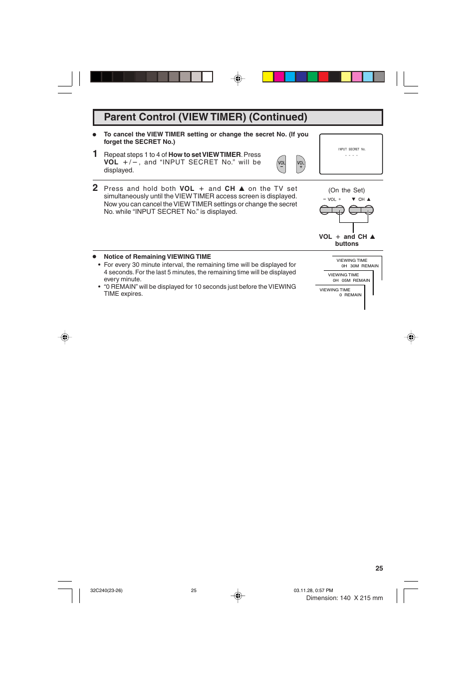 Parent control (view timer) (continued) | Sharp 32C240 User Manual | Page 25 / 48