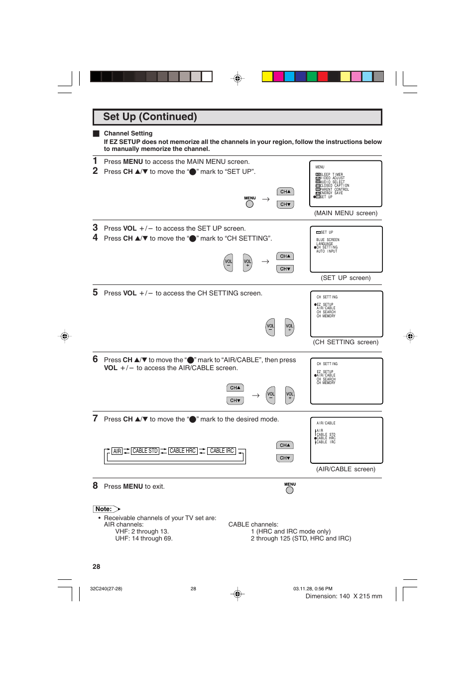 Set up (continued) | Sharp 32C240 User Manual | Page 28 / 48