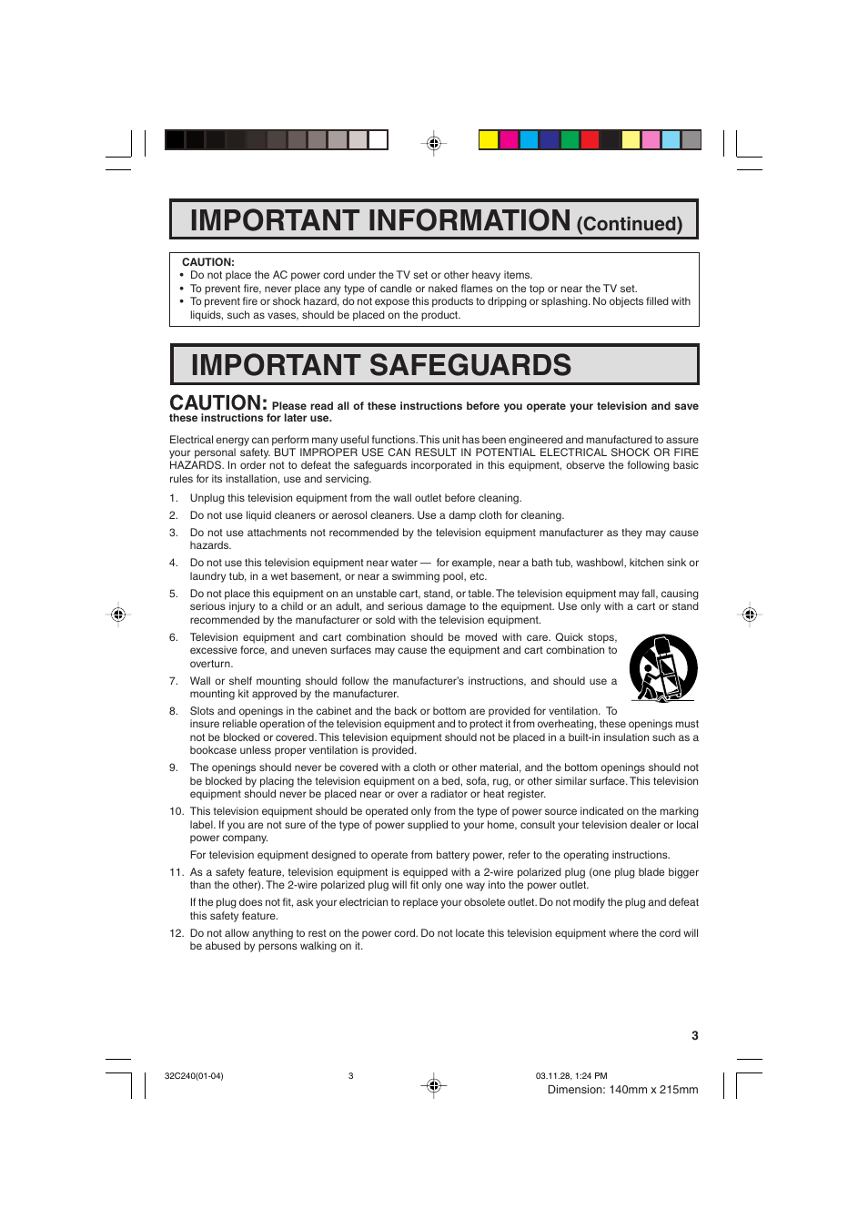 Important information, Important safeguards, Caution | Continued) | Sharp 32C240 User Manual | Page 3 / 48