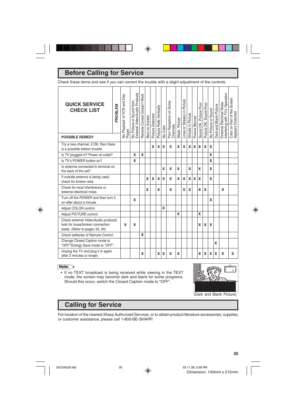 Before calling for service, Calling for service, Quick service check list | Sharp 32C240 User Manual | Page 35 / 48