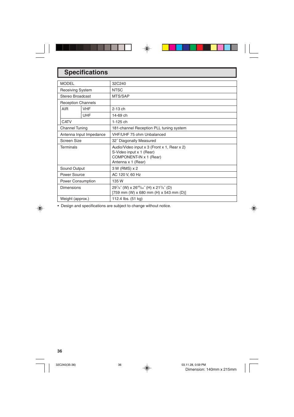 Specifications | Sharp 32C240 User Manual | Page 36 / 48