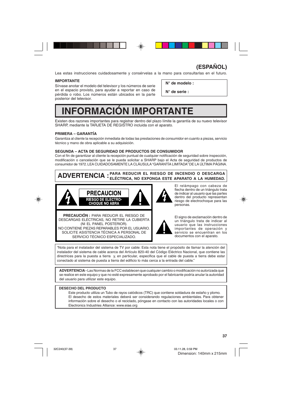 Información importante, Advertencia, Español) | Sharp 32C240 User Manual | Page 37 / 48