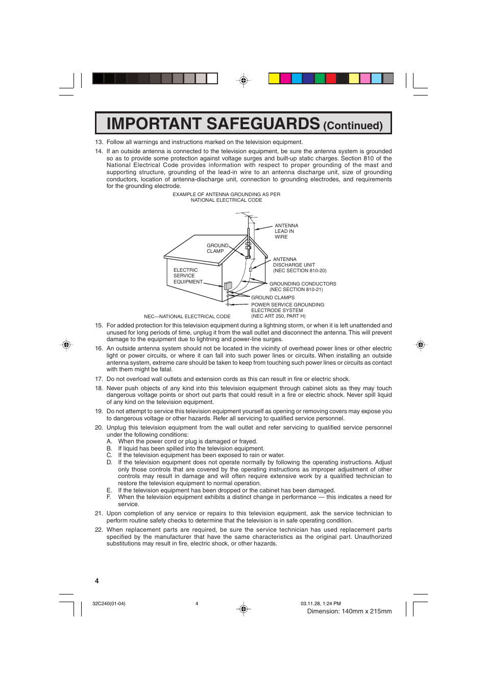 Important safeguards, Continued) | Sharp 32C240 User Manual | Page 4 / 48